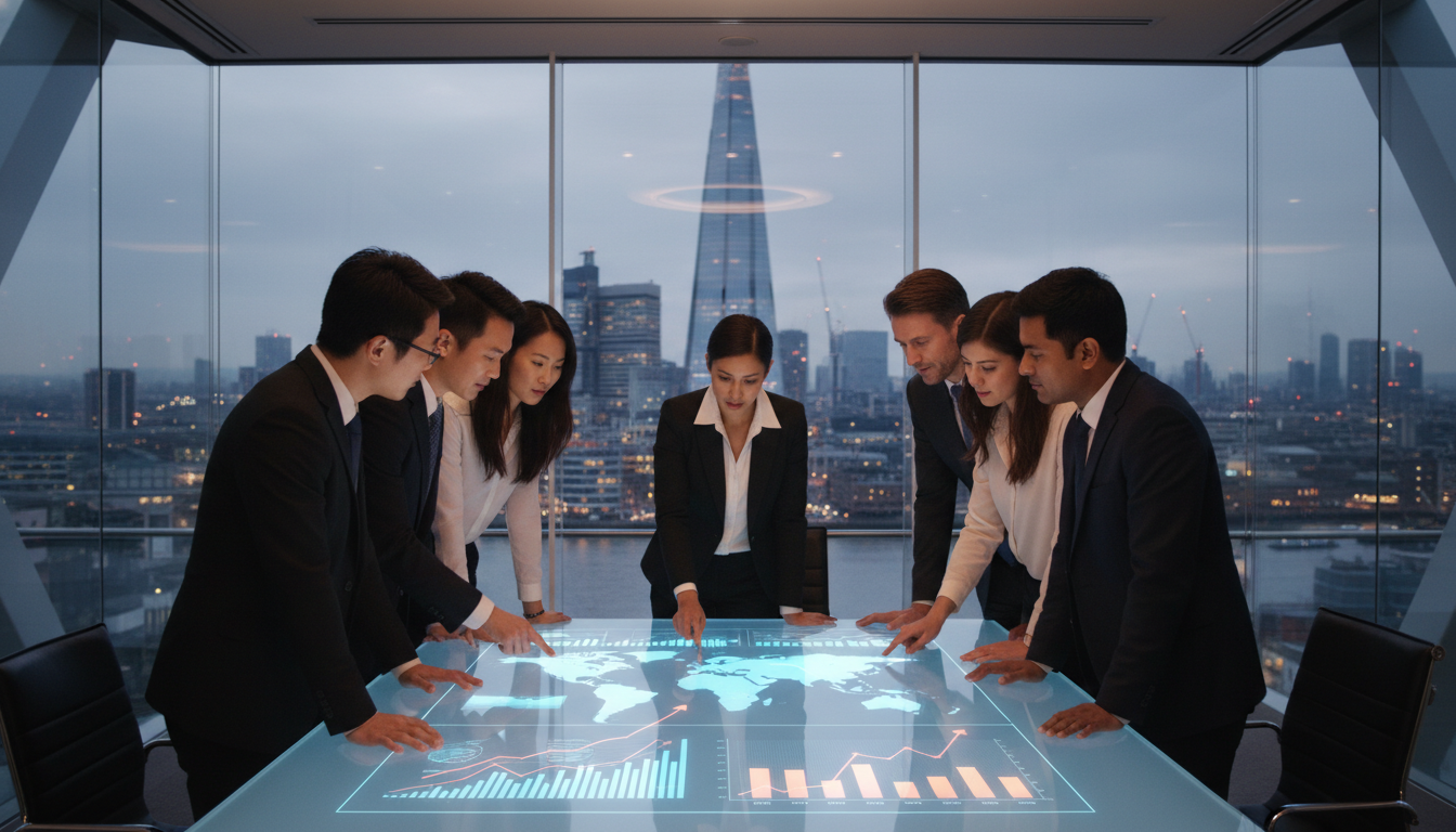 A photorealistic, high-resolution image of a diverse group of business professionals in a modern, glass-walled conference room in London, reviewing complex financial charts and global maps on a sleek digital table, with the blurred London skyline and The Shard visible in the background, conveying professionalism and strategic planning.