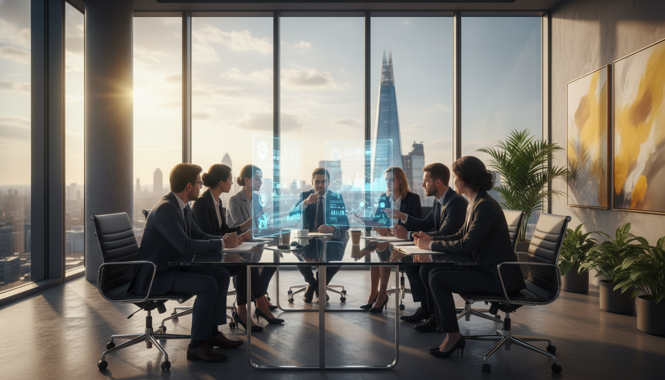 A photorealistic image of a modern, high-rise office in the City of London with a view of the Gherkin and the Shard in the background. Inside, a diverse group of professional men and women are brainstorming around a glass conference table, analyzing charts on a holographic display. The lighting is natural and warm, symbolizing growth and professional success. High resolution, 8k.