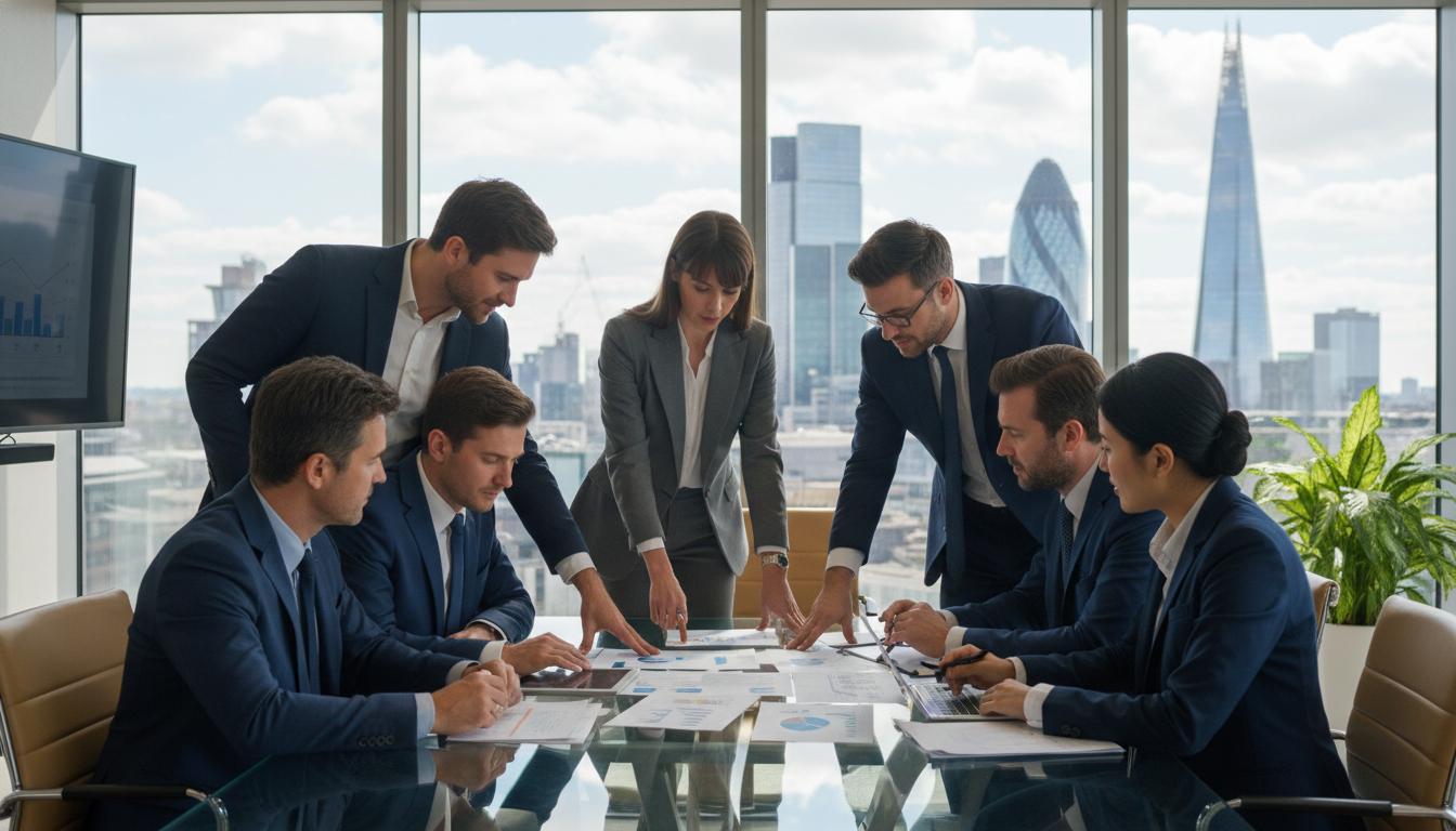A photorealistic, high-quality image of a diverse group of business professionals in a modern London office meeting room. They are discussing documents on a glass table with a view of the city skyline, including the Shard, in the background. The lighting is natural and professional, conveying trust and success.