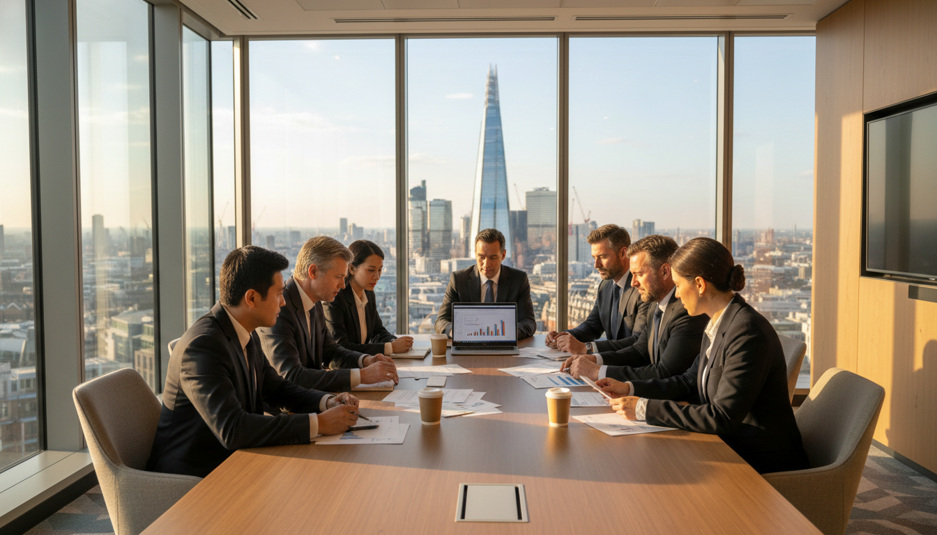 A photorealistic image of a professional modern office meeting room in London with a view of the city skyline including the Shard through large glass windows, a diverse group of business people in formal attire analyzing documents and a laptop on a wooden table, warm natural lighting, high definition 8k.
