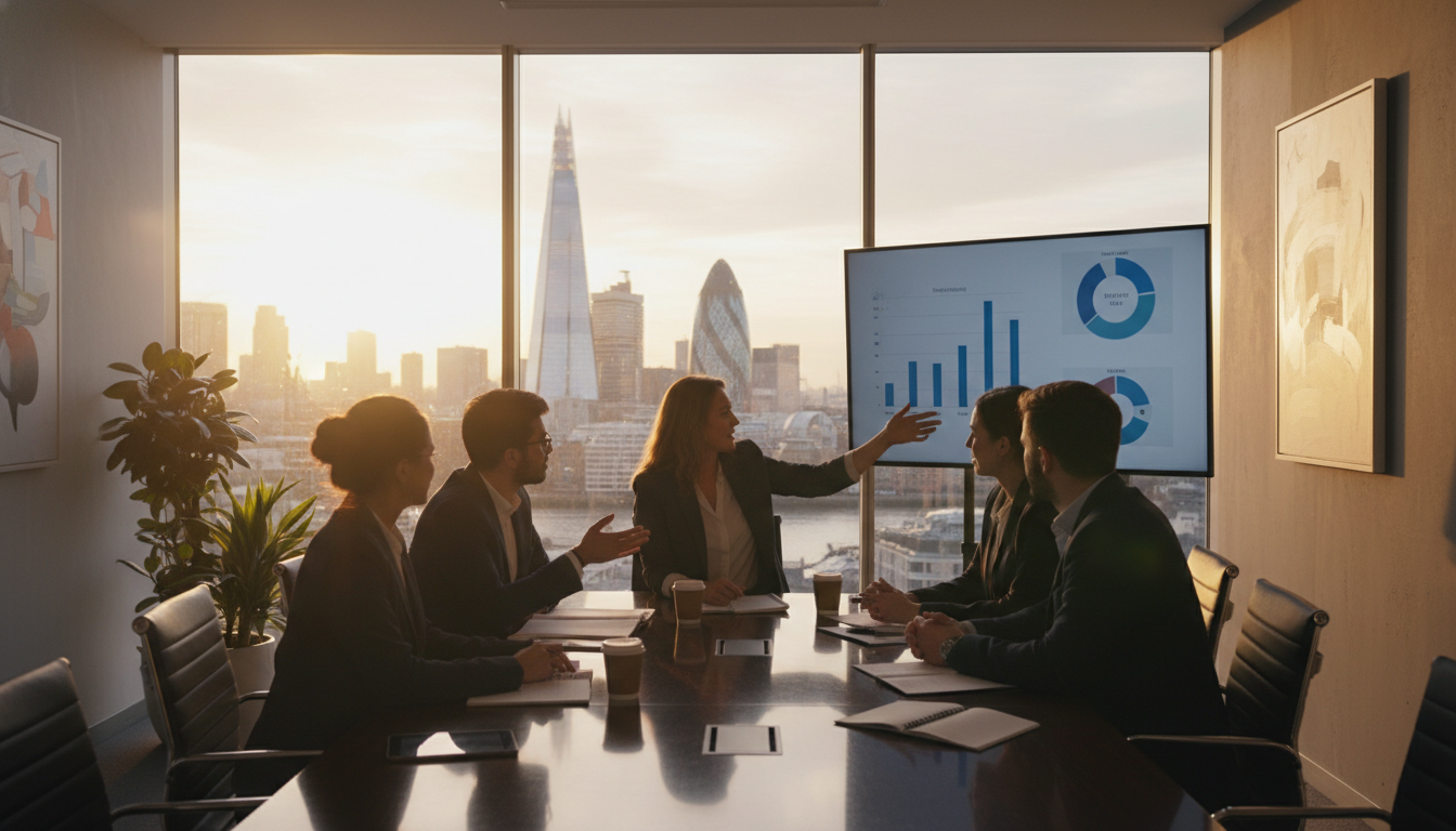 A photorealistic image of a diverse group of entrepreneurs discussing strategy in a modern glass-walled office with the London skyline, including the Shard and the Gherkin, visible in the background during the golden hour. Professional atmosphere.