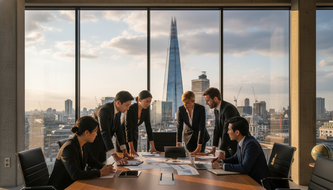 A photorealistic image of a diverse group of business professionals in a modern glass-walled conference room in London, discussing documents with a view of the Shard and city skyline in the background, symbolizing international business collaboration.