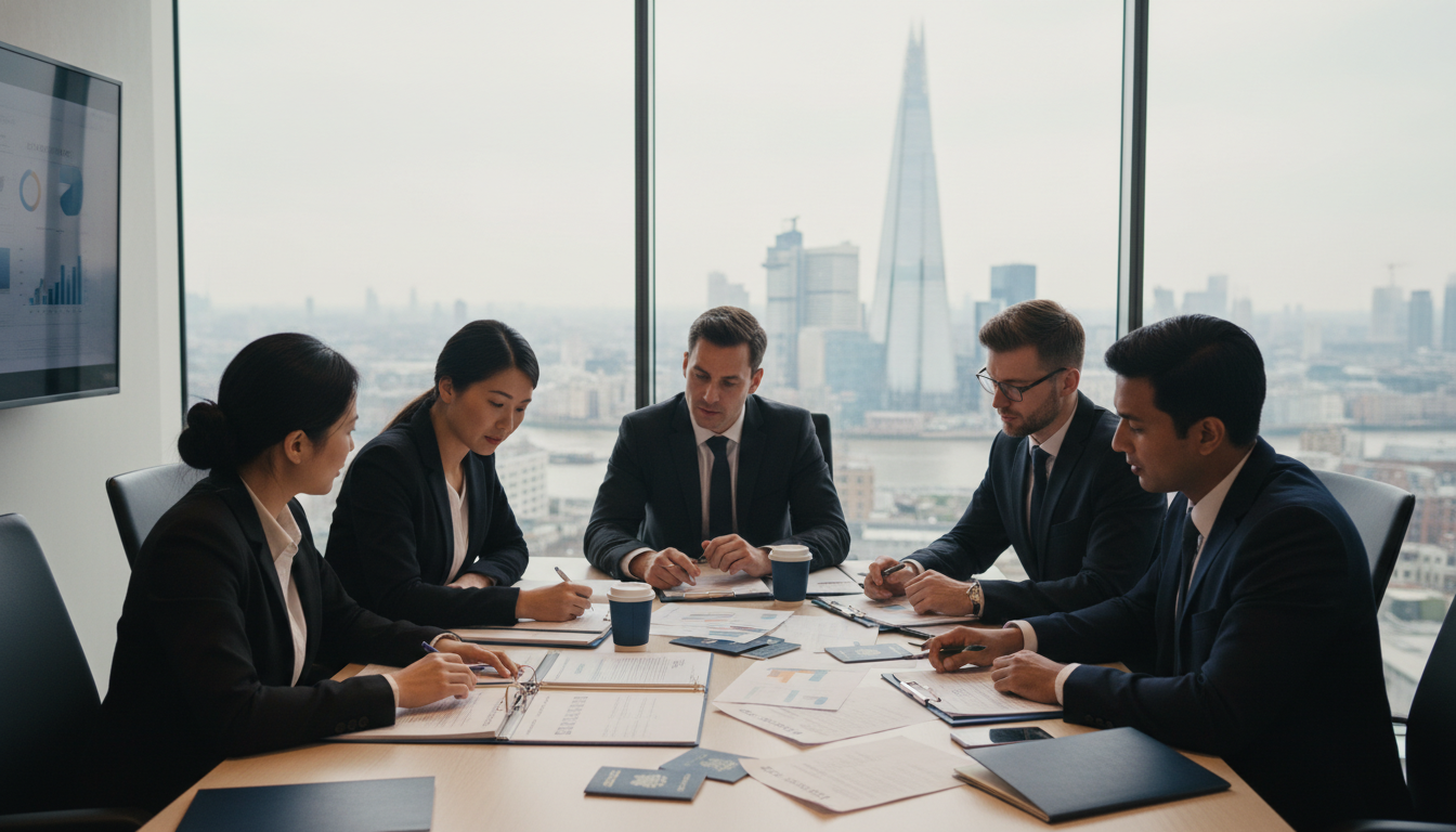 A photorealistic image of a diverse group of business professionals in a modern, glass-walled conference room in London, reviewing a detailed business plan and visa documents. The iconic London skyline, including the Shard, is visible through the window in soft focus. The atmosphere is professional and focused.