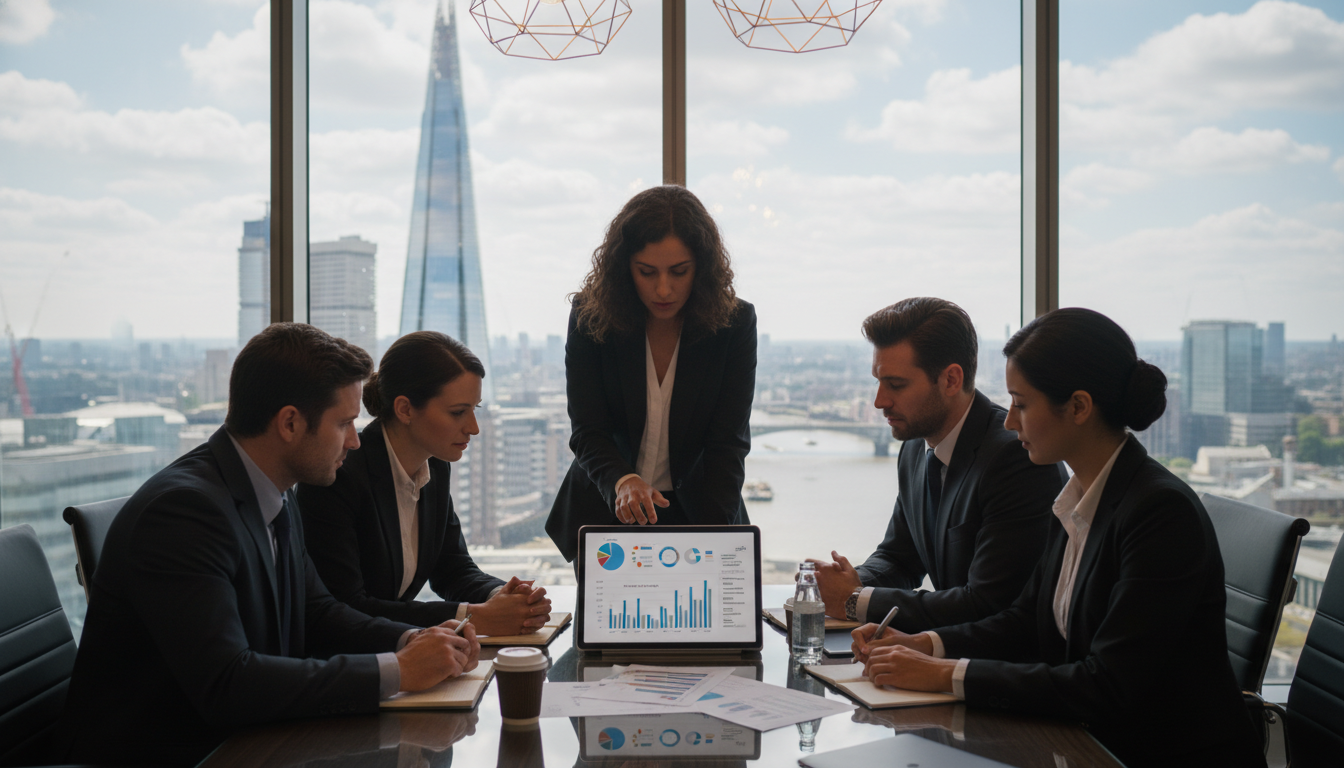A photorealistic image of a professional business meeting in a modern London office with a view of the Shard through the window. A diverse group of business people are analyzing financial charts and tax documents on a tablet, serious and focused atmosphere, 8k resolution, cinematic lighting.