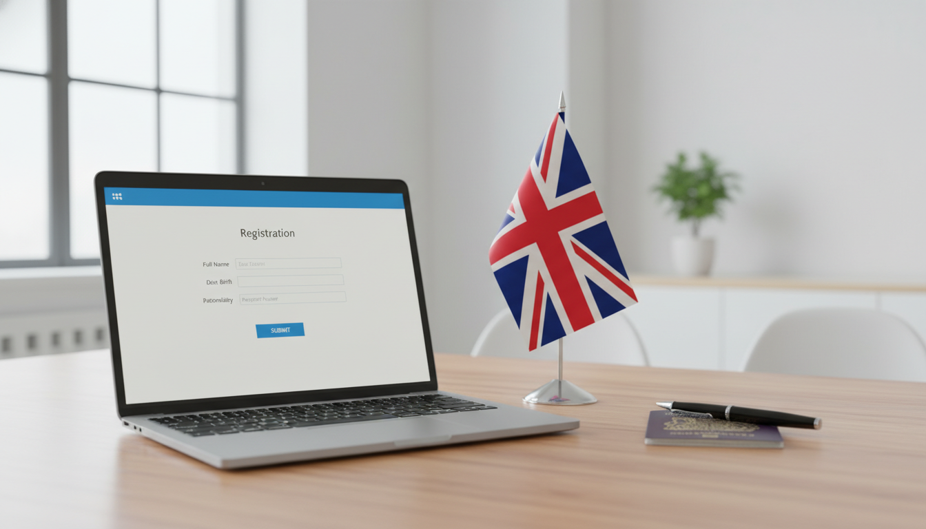 A professional, photorealistic image of a modern business desk setup. On the desk, there is a laptop screen showing a digital registration form, a small British Union Jack flag on a stand, a passport, and a pen. The lighting is bright and clean, symbolizing a transparent and efficient business process.