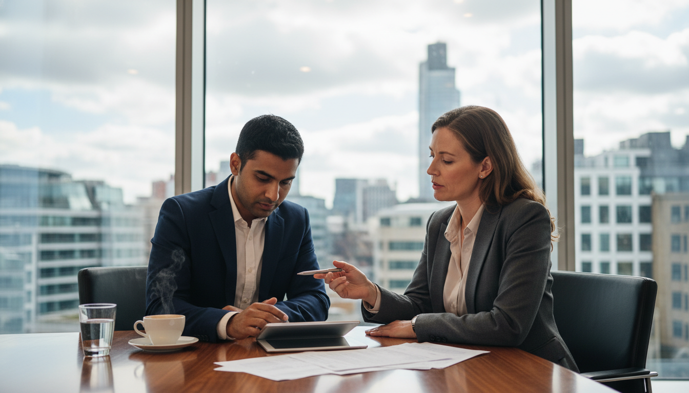 A photorealistic image of a professional business consultation taking place in a modern, glass-walled office in London with the city skyline and the Gherkin visible in the background. A diverse expat entrepreneur is reviewing a business plan on a tablet with a smart, professional consultant. The atmosphere is collaborative and serious, with detailed lighting highlighting documents and a cup of coffee on the table. 8k resolution.
