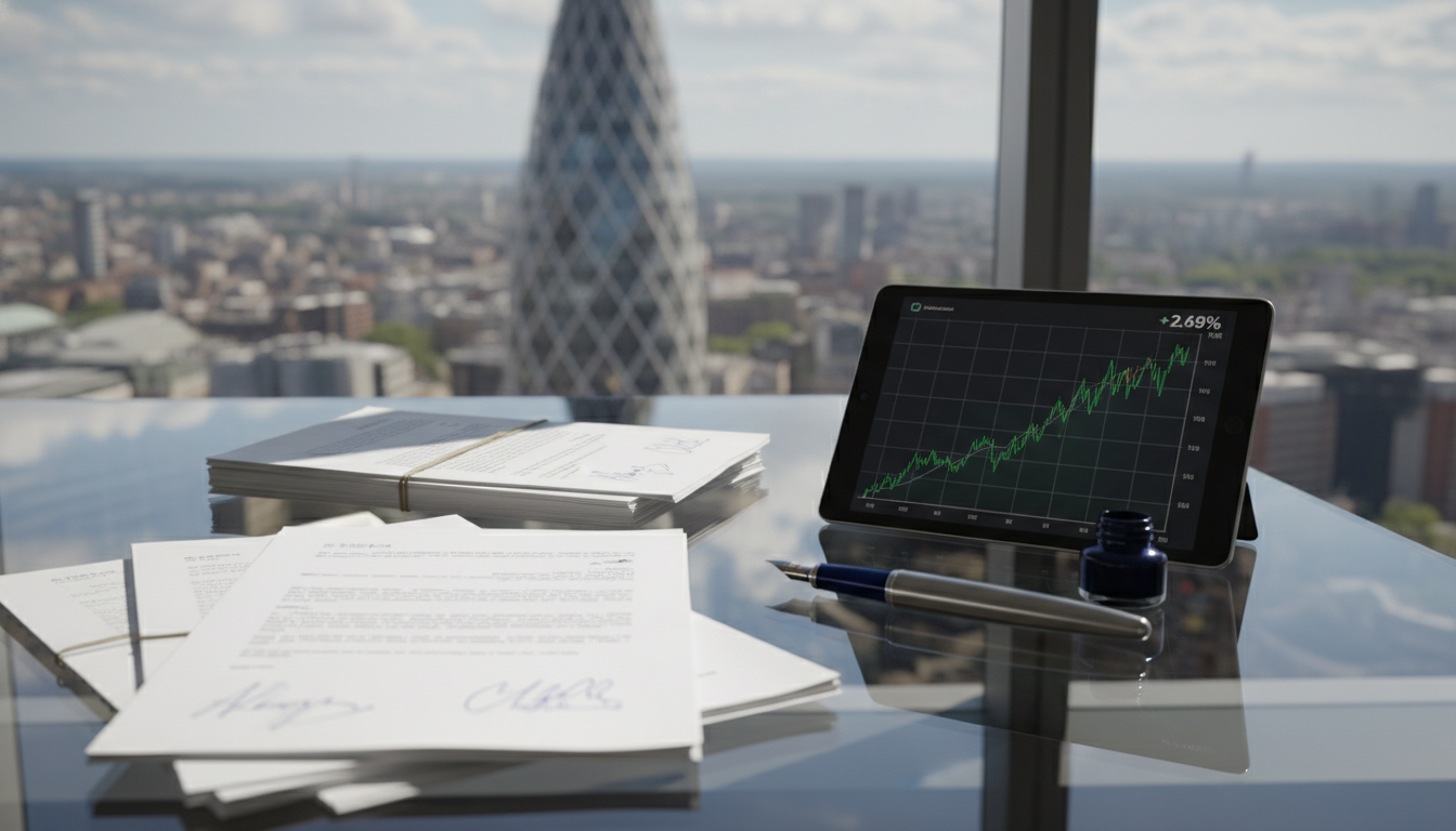A high-angle, photorealistic shot of a modern glass office table in London with a blurred background of the iconic Gherkin and city skyline. On the table, there are signed contracts, a fountain pen, and a digital tablet displaying a rising stock graph. The lighting is natural and professional, emphasizing a successful business atmosphere. 8k resolution, cinematic depth of field.