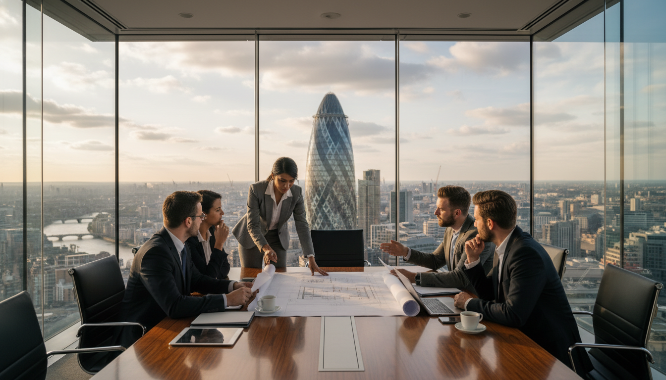 A photorealistic, high-resolution image of a modern, glass-walled conference room in London with the city skyline and the Gherkin building visible in the background. Inside, a diverse group of professional business people, including an expat entrepreneur and a consultant, are reviewing architectural blueprints and legal documents on a sleek table. The lighting is natural and cinematic, highlighting a mood of strategic planning and professional success.